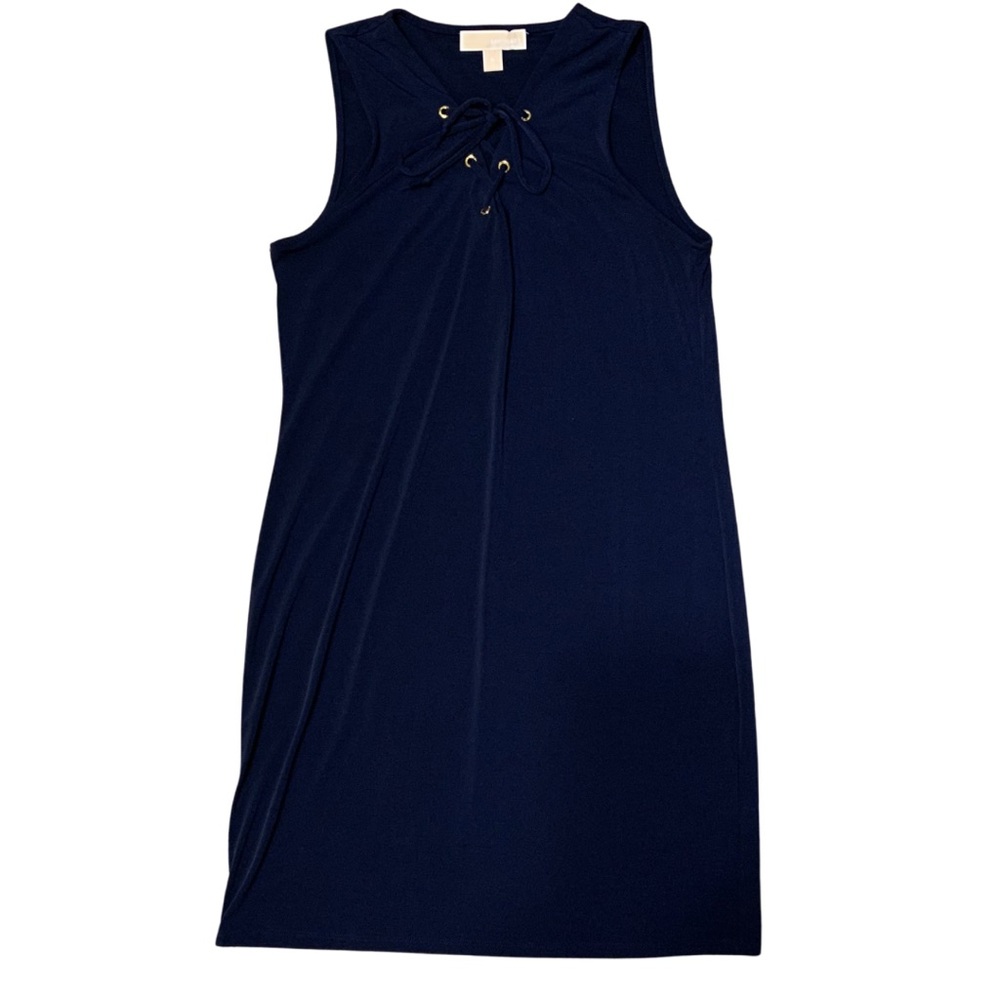 Michael Kors solid Navy Blue sleeveless dress with gold eyelets—ties in front